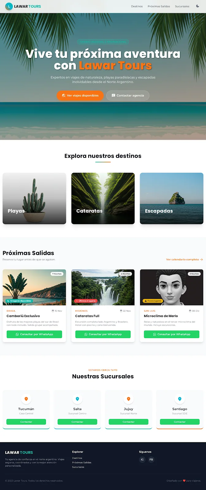 Landing de Lawar Tours con destinos y próximas salidas
