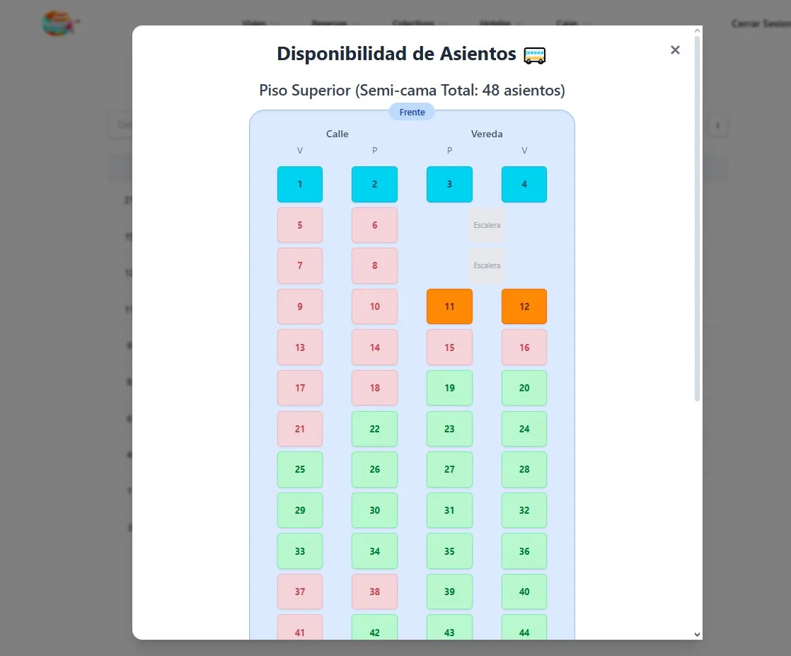 Selector de asientos para reservar un viaje en Lawar Tours