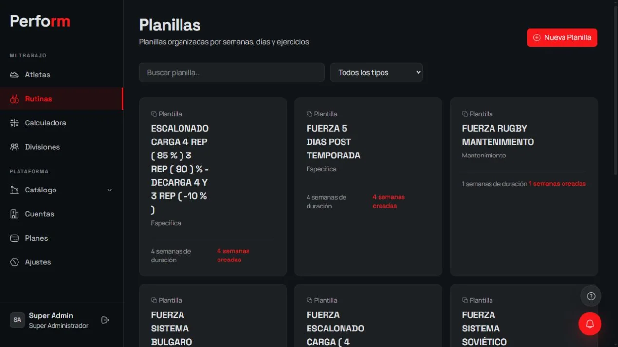Planillas de entrenamiento de High Perfo en producción