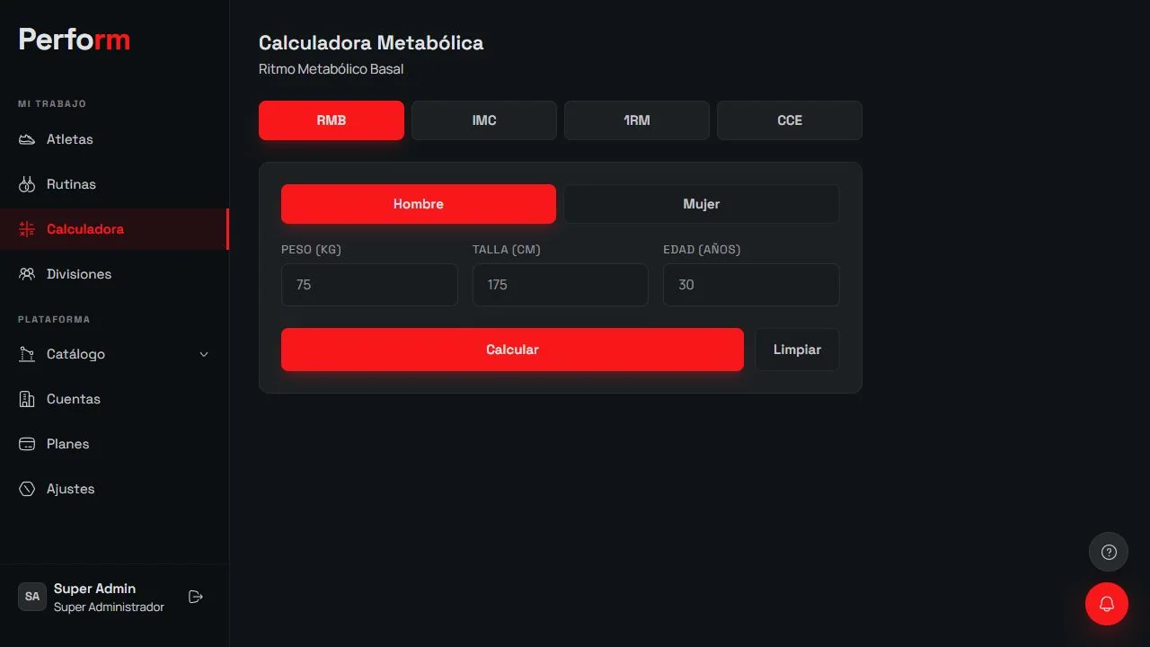Calculadora metabólica de High Perfo en producción