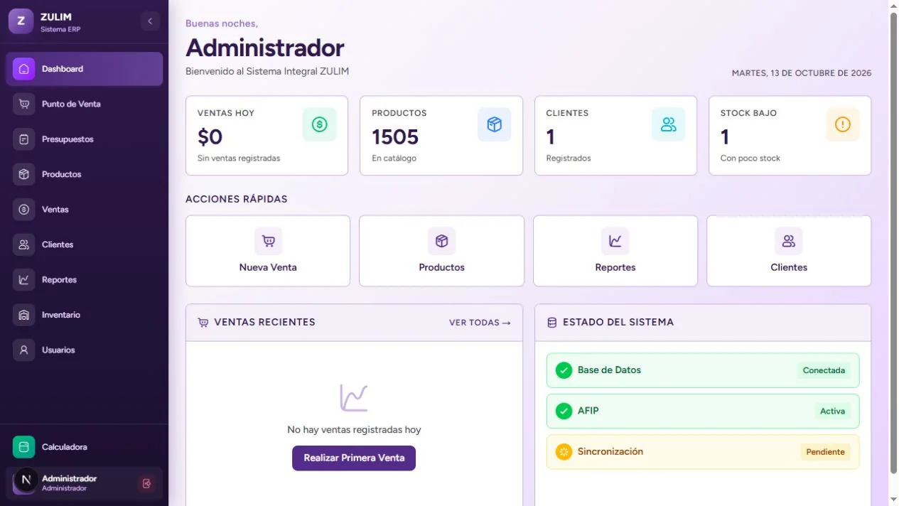 Dashboard real de Zulim ERP ejecutándose con datos locales