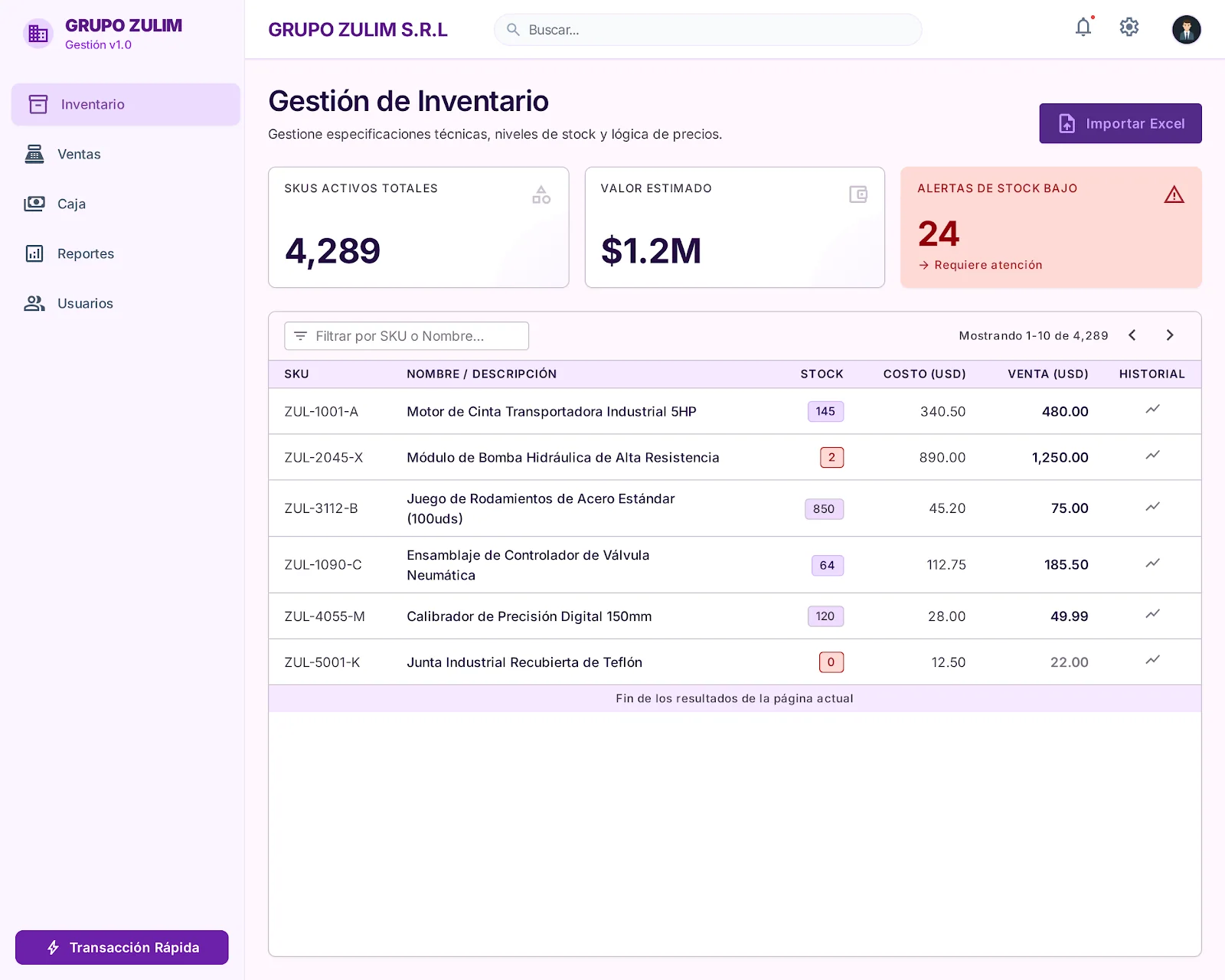 Diseño de la vista de inventario de Zulim ERP