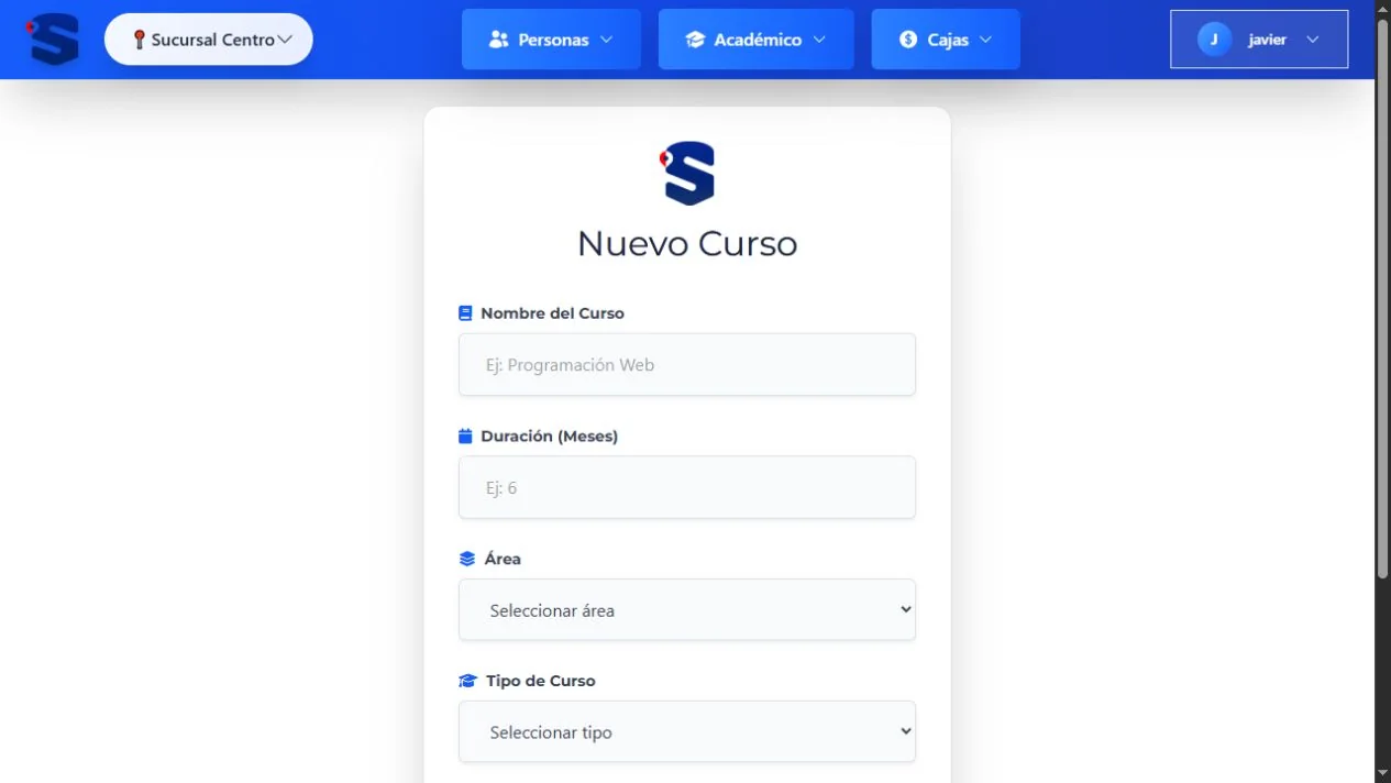 Formulario real de creación de cursos en SIS Capacitaciones