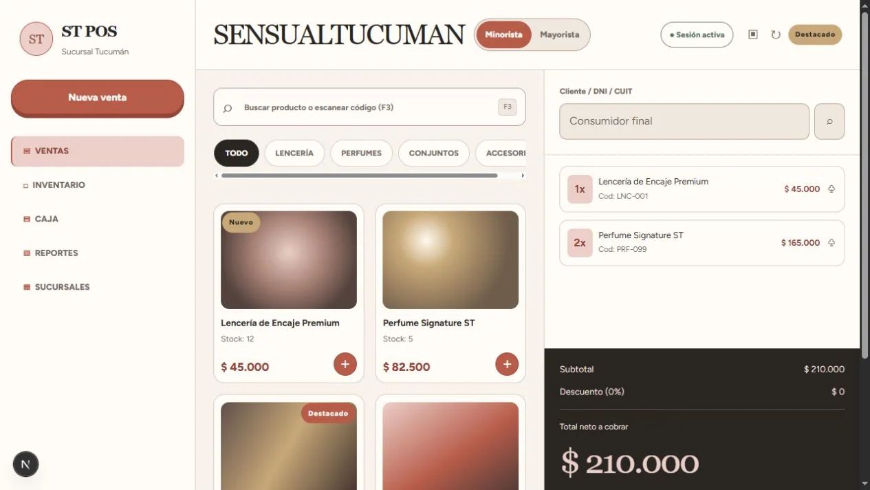 Vista ejecutable del punto de venta de Sensual en la rama traspaso