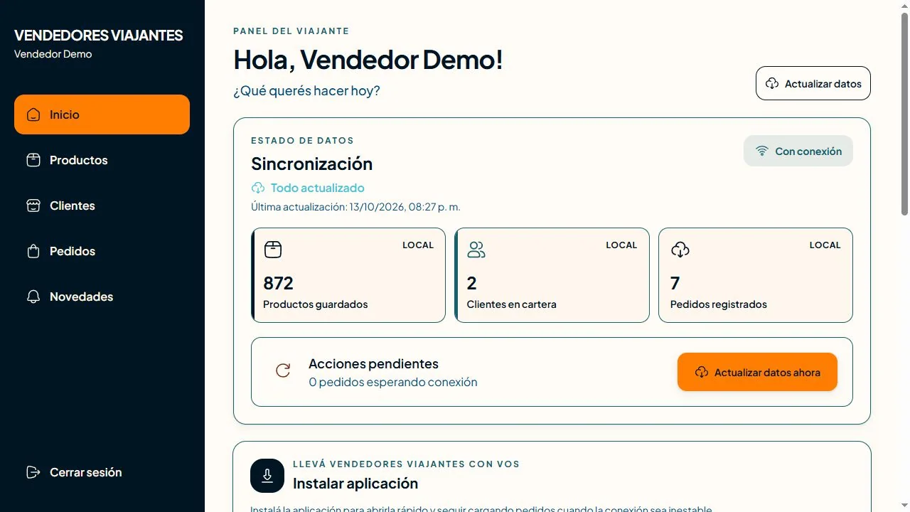 Panel de Vendedores Viajantes con sincronización y acceso a productos, clientes y pedidos