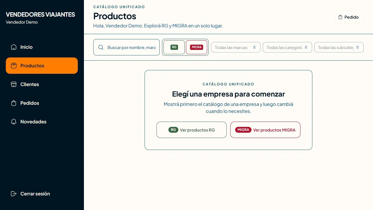 Selector de catálogos RG y MIGRA en Vendedores Viajantes